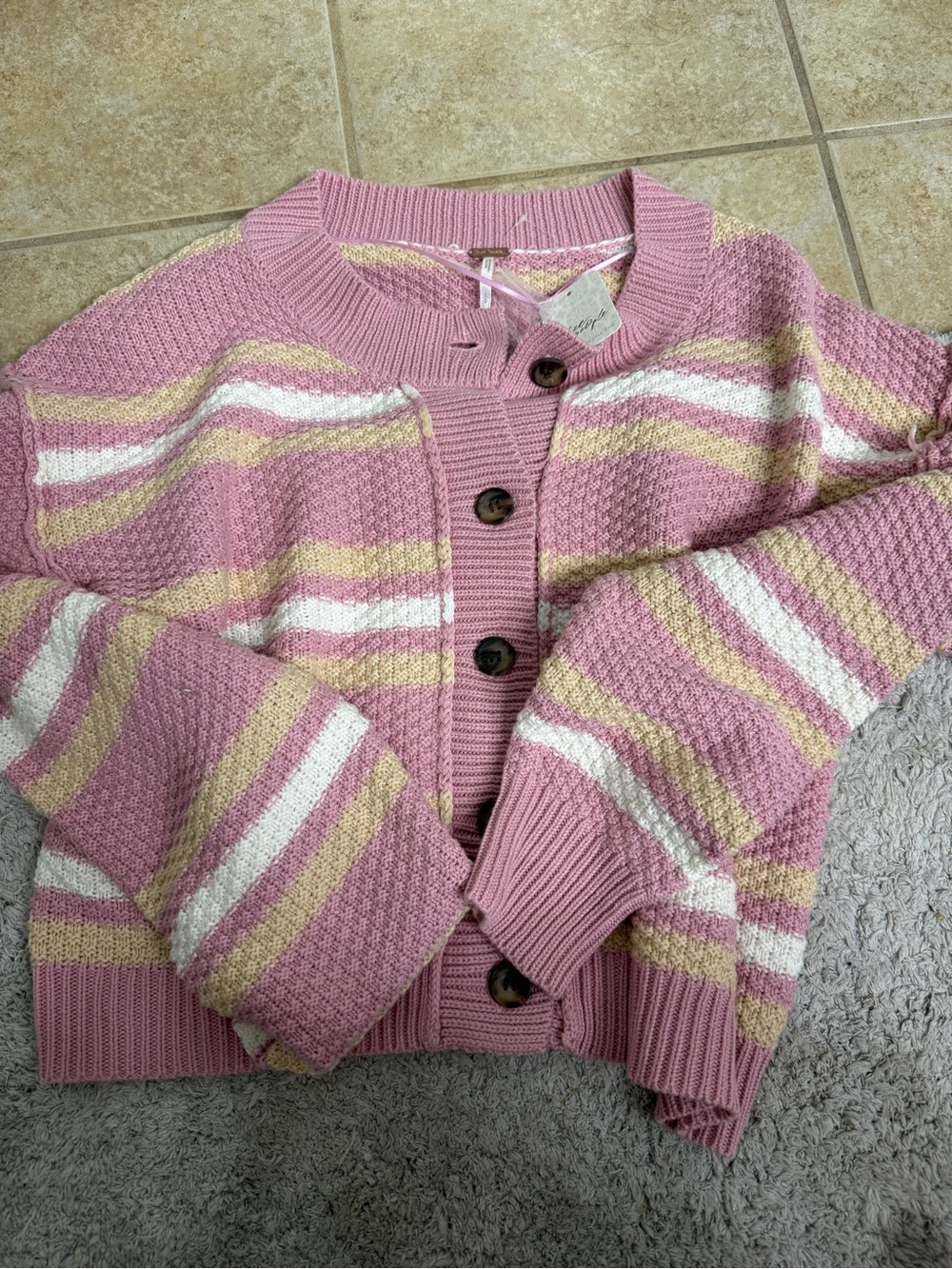 Free People Lila Striped Pink combo Cardi Button-Front Sweater, sz L, nwt - Picture 3 of 8